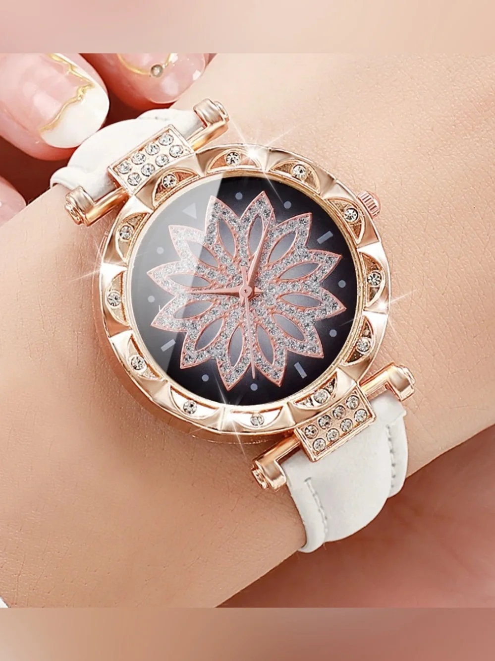 Elegant Floral Crystal Dial Leather Strap Watch - available in White, Red, Black